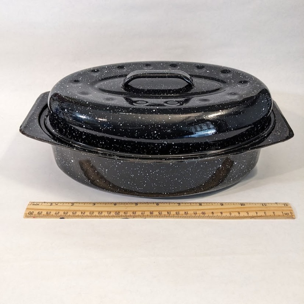 Vintage Graniteware Roasting Pan Black White Speckled Enamelware Oval Lidded 13" - Picture 10 of 11